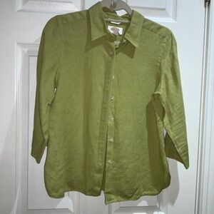 Talbots Petites Green Irish Linen 3/4 Sleeve Button Up Top Size 8P Blouse